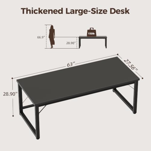 Image of 63x28 Inch Computer Desk, 1 inch Thick Large Office Table, Black | Modern Simple Style, Heavy Duty Industrial Frame, Large Study & Writing Table for Home Bedroom Work