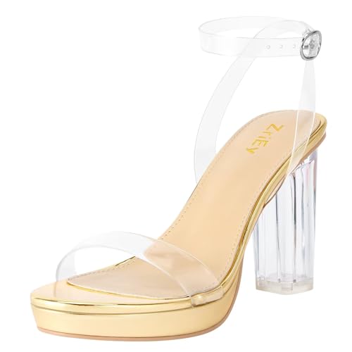 Image of ZriEy 4-Inch Platform Clear High Heels for Women Block Chunky Heeled Sandals Open Toe Ankle Strap Heels Wedding Party Evening Prom Dress Pump Sandal Shoes
