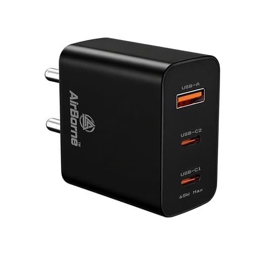 Image of 65W Triple Port GaN Charger, USB & Type C Fast Charging Adapter for iPhone 17 /16 /15 /14 /13 /12 /11 (Pro,Pro Max,Plus), iPad, Google Pixel, Samsung & All Type C Devices BIS Certified (Black)