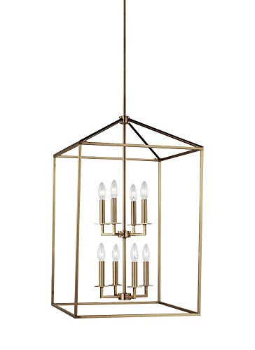 Generation Lighting 8-Light Perryton Pendant Light Fixture Satin Brass 5115008-848, Modern Ceiling Light Fixture for Home Decor, Candelabra with 60W Torpedo Bulbs for Foyer and Living Room Décor