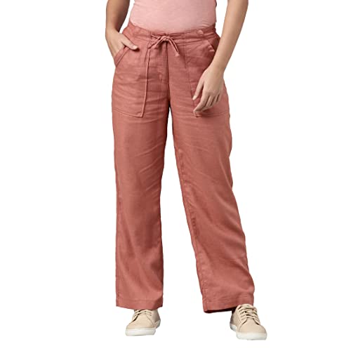 Image of GO COLORS Solid Linen Cargo Pants for Women | Full Length, Mid Rise, Side Pockets
