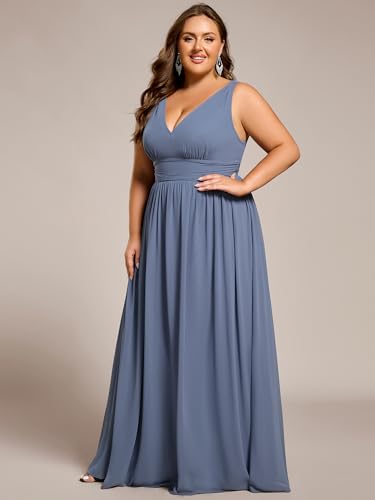 Image of Ever-Pretty V Neck Sleeveless Pleated Chiffon Maxi Plus Size Formal Dress for Women Bridesmaid Dresses 09016-DA