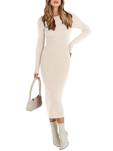 ANRABESS Womens Long Sleeve Sweater Dress 2025 Fall Crewneck Bodycon Stretch Ribbed Knit Slim Fit Midi Dresses Trendy Outfits Beige Medium