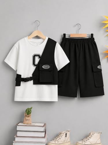 Image of Kids Boys 3-Piece Outfit Set | Half Sleeve T-Shirt, Utility Vest & Cargo Shorts with Cap | Stylish Casual Summer Clothing Set for Boys