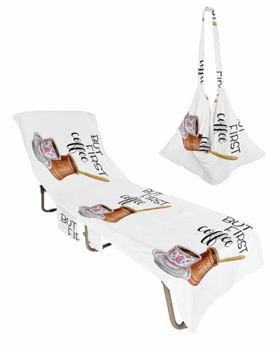 Coffee Beach Lounge Chair Towel Cover, Soft Chaise Lounge Towel with Side Pockets Patio Pool Chairs Cover for Beach/Pool Sunbathing 29x85 Coffee Time Farmhouse