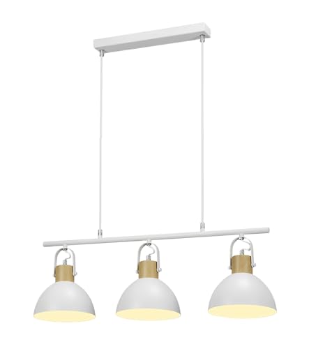 JR BRO Lámpara Colgante de Techo Industrial de 3 Luces E27, Pantallas Blancas con Detalles en Madera, Estilo Vintage Rústico para Cocina, Comedor, Isla o Barra (Blanco)