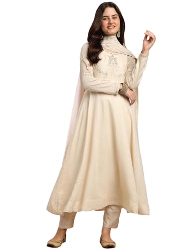 Image of MOKOSH Women's Silk Embroidery Anakrali Kurta Pant with Dupatta | Anarkali Kurta Set | Round Neck Full Sleeve Ethnic Suit | Floral Kurta 7 Colour Option Available | 3 Piece Outfit