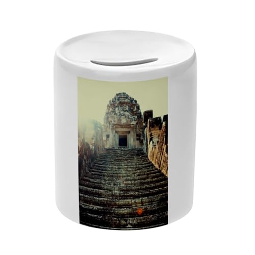Tirelire Céramique Blanche - Temple d'Angkor Cambodge Monument Antique - Boîte à Monnaie avec Bouchon Décoration Chambre Imprimé en France