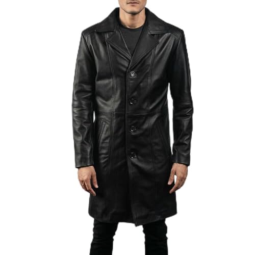 Trench en cuir véritable noir pour homme idéal pour affronter le manteau long d'hiver