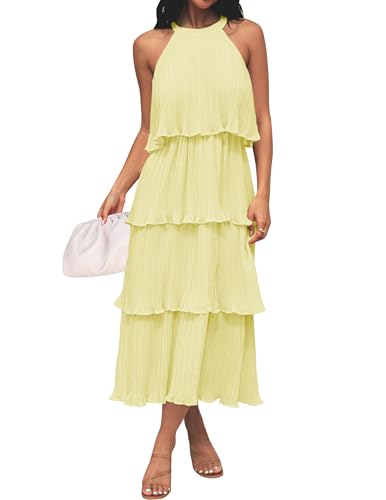 Image of ZESICA Women's 2026 Summer Sleeveless Halter Neck Ruffle Tiered Layered Chiffon Flowy Swing Long Midi Dress