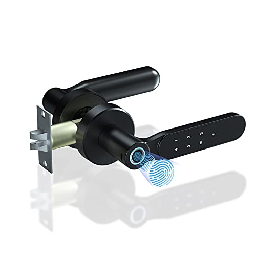 PINEWORLD Smart Keyless Entry Door Lock Thumbprint Bluetooth Digital Deadbolt with Touch Keypad, Left and Right Handed Lever Handle Free Reversible for Home Hotel Security Apartment Essentials S2-T