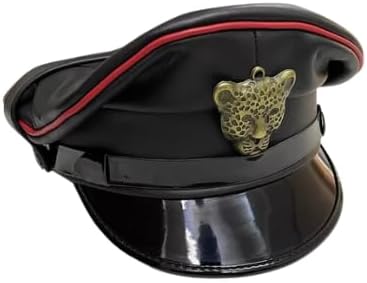 Leather Military Style Cap with Metal Leopard Badge, Black with Red Trim