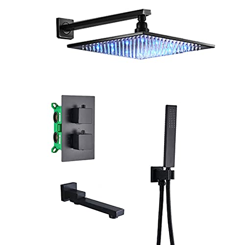 マットブラック サーモスタットシャワーシステム LEDレインシャワーヘッド ハンドシャワー 壁掛け式バスタブ用蛇口セット バスルームシャワーミキサータップ 10インチ&8インチ