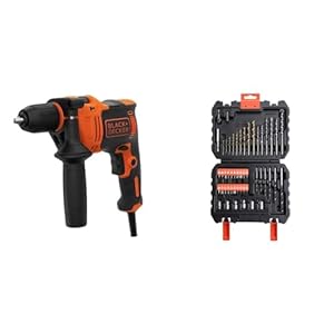 BLACK+DECKER BEH710K Taladro Percutor con Cable 710 W, Portabrocas 13 mm, Impactos 0-47.600 ipm & A7188-XJ Kit de 50 Piezas, Brocas de Titanio para Metal 5-6 mm, Brocas para Mampostería