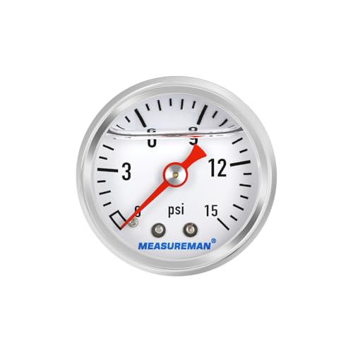 MEASUREMAN 1.5" Liquid Filled Fuel Pressure Gauge, 0-15 PSI Range for Accurate Tuning - Stainless Steel Case with a 1/16" NPT Center Back Mount
