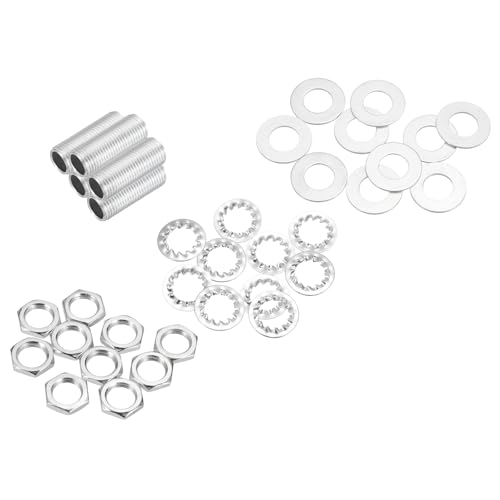 Image of MECCANIXITY 35Pcs 1 inch Lamp Pipe Nipples Kit with Hex Nuts Washers, M10 Fine Threaded Hollow Tube Repair Hardware Fasteners Assortment for Assembly Chandelier Ceiling Lamp DIY, Silver