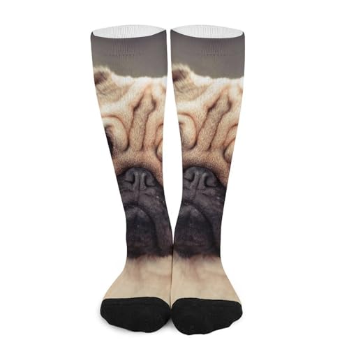 WAFICAC Calcetines de compresión con diseño de perro carlino, transpirables, ligeros y hasta la rodilla para hombre y mujer.