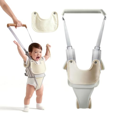 Baby Walking Harness with Removable Drool Towel, Walking Helper Harness for Toddlers, Handheld Belt – No Bending for Parents, Walking Assistant & Trainer for 9-24 Months Old (Grey)