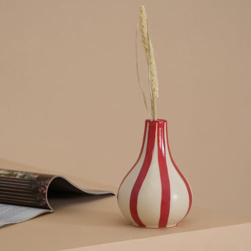 Image of PUREZENTO Red & White Striped 'Tulip Bud' Ceramic Vase 6 Inch (Pack of 1) | Unique Modern Bud Vase for Dried Flowers & Pampas Grass | Vases for Modern Home Decor, Living Room & Office Decor Ideas