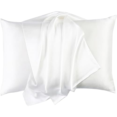 Juego de 2 fundas de almohada de seda de morera, 100 % seda, 40 x 80 cm, para el cuidado del cabello y la piel, funda de almohada de seda natural con suave, transpirable, tamaño estándar liso - blanco