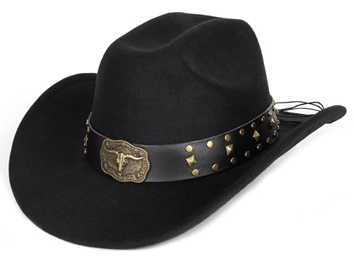 Image of Women-Classic-Western-Cowboy-Shapeable-Hat - Men-Roll-Up-Wide-Brim-Felt-Fedora-Hats-Cowgirl-Hat with Belt Buckle(M-L)