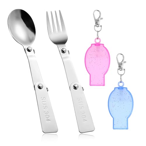 2pcs Foldable Fork and Spoon Set, Portable Stainless Steel Folding Spoon and Fork with 2 Plastic Storage Cases for Outdoors Travel Replacement Compatible with Thermos Funtainer 16oz Food Jar