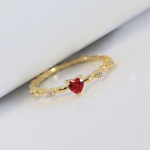 Gold-Tone Heart Engagement Ring for Women, Romantic Red Gemstone with Twisted Band Design, Dainty Alloy Promise Ring