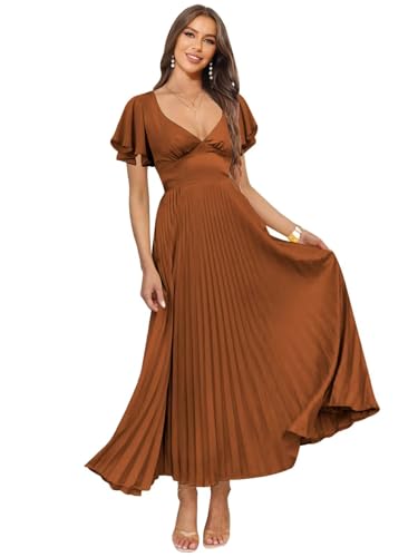 V Neck Bridesmaid Dresses for Women Short Sleeve Satin Pleated Formal Evening Dress