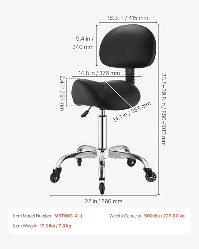 Image of VEVOR Saddle Stool with Back Support, 500 lbs Weight Capacity, Height Adjustable, Quiet Casters, Ergonomic PU Leather Seat, 360 Swivel Saddle Stool Rolling Chair for Salon, Spa, Bar, Medical, Black