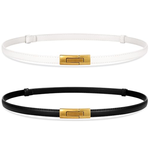 SANSTHS 2 Pack Thin Ladies Waist Belt for Dresses Jeans Pants, Skinny Womens Belt with Antique Gold Buckle