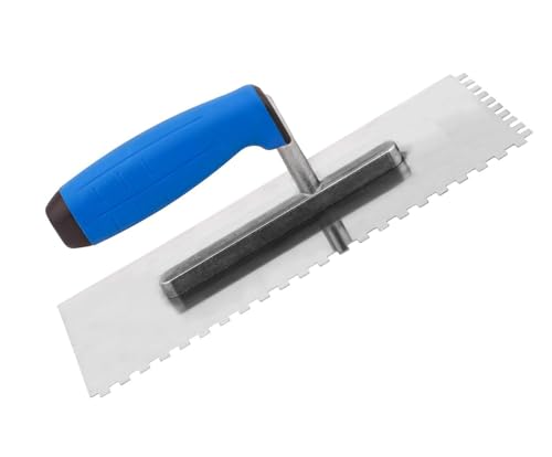 Fliesenkelle aus Edelstahl, gekerbt, 270 mm – 6 x 6 mm, quadratische Kerbe, Klebstoffspachtel mit weichem Griff, für Wand- und Bodenfliesenprojekte, langlebiges und rostbeständiges Werkzeug (N7806)