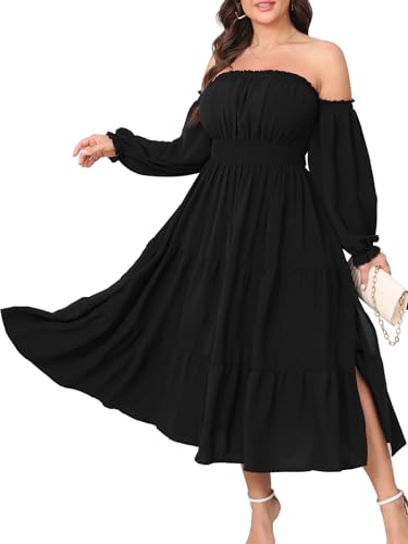Plus Size Wedding Guest Dress Off The Shoulder Long Sleeve Smocked Slit Cocktail Party Maxi Dress for Curvy Women