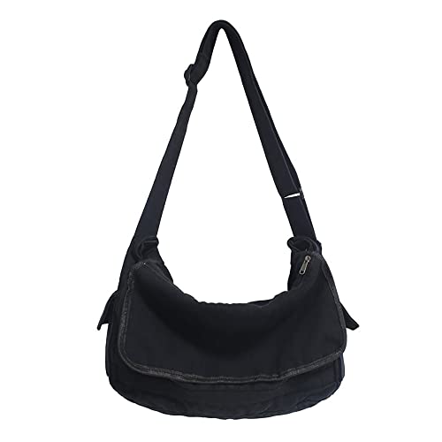 Bolsa carteiro vintage de lona para homens e mulheres bolsa tiracolo bolsa de ombro Harajuku streetwear, Preto, Medium
