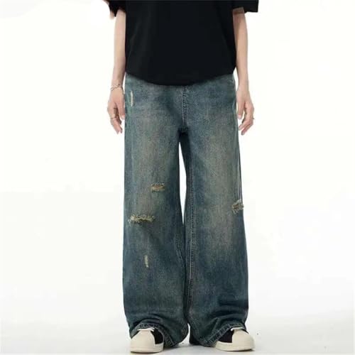 Men's High Street Denim Pants Hole Design Solid Color Wide Leg Bottom Straight Jeans2