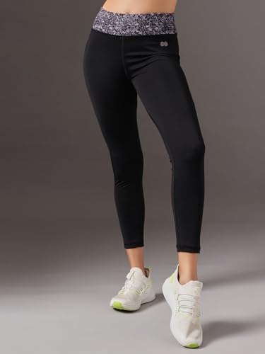 Image of Clovia Women's Snug-Fit High Rise Active Tights with Printed Waistband in Black