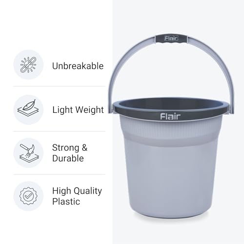 Image of FLAIR Estella 8L Set of 3 Plastic Bathroom Bucket, Grey | Durable Virgin Plastic Buckets with Easy-Grip Handle | Lightweight & Multipurpose for Mopping, Floor Cleaning, Kitchen and Daily Use