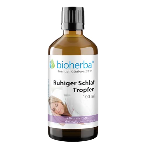 Ruhiger Schlaf Tropfen 100 ml – Mit Melatonin zur Verkürzung der Einschlafzeit* | Pflanzliche Rezeptur mit Baldrian, Johanniskraut & Passionsblume | Alkoholfrei | BIOHERBA