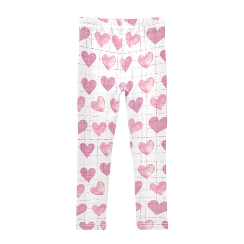 Pink Hearts with A Grid Girls Leggings Athletic Pants Tights Stretch Bottom2