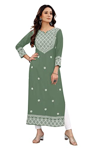 Image of Women's Rayon Embroidered Straight Kurti Under 499 Designer Attractive Look Women's Kurta