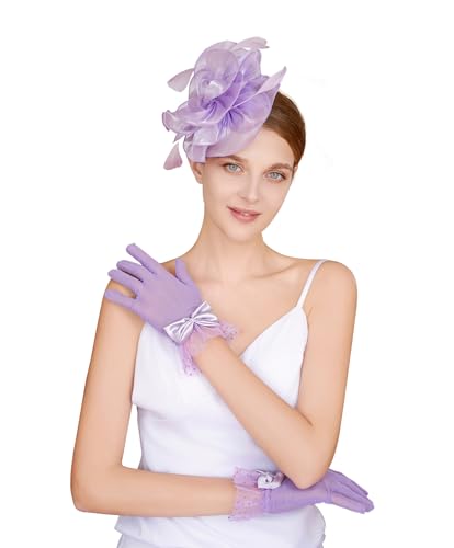 CAIYILA Fascinators Hat Flower Mesh Feathers Headband Derby Hat Clip Tea Party Headwear and Lace Gloves with Bows for Women (Light Purple)