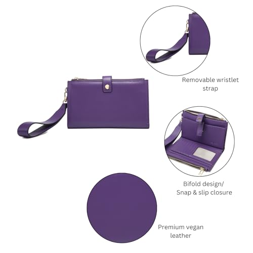JEN & CO. Lark Bifold Wristlet Wallet Vegan Leather Credit Card Holder Purse for Women with Removable Strap (Dark Purple)4