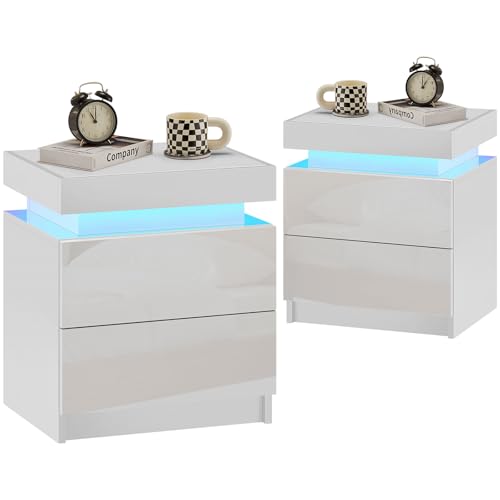 Ofcasa Nightstand Set Of 2 With Led Light Modern Bedside Table With 2 High Gloss Drawers Smart Night Stand For Bedroom And Living Room(White) cover