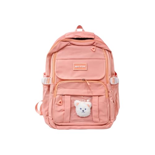 Mochila Escolar Feminina Grande com Urso de Pelúcia, Alta Capacidade, Múltiplos Compartimentos, Impermeável (Coral)