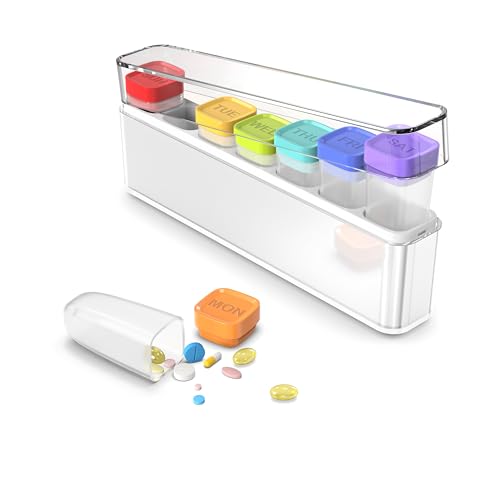 Image of Weekly Pill Organizer 1 Time a Day, HIONXMGA Portable Detachable Travel Pill Box 7 Day, Large Once Daily Pill Holder Case, Color-Coded Dispenser for Vitamin Medicine Supplement Fish Oil, White