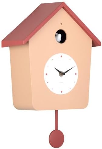 Karlsson Cuckoo Light Wall Clock, angled front view, showing the light brown clock house with a red roof and pendulum, and a white clock face with black hands.