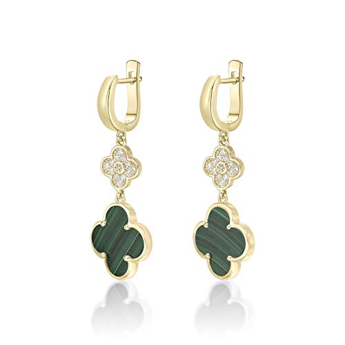 Lavari Jewelers Flower Dangle Drop Earrings for Women - Black Onyx Green Malachite or Mother of Pearl & Cubic Zirconia in 925 Sterling Silver Clover - Hypoallergenic Gold Plated - Secure Hinge Post