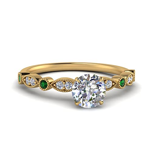 Image of Choose Your Gemstone Vintage Scalloped Diamond CZ Ring Yellow Gold Plated Round Shape Milgrain Engagement Rings Matching Jewelry Wedding Jewelry Easy to Wear Gifts US Size 4 to 12