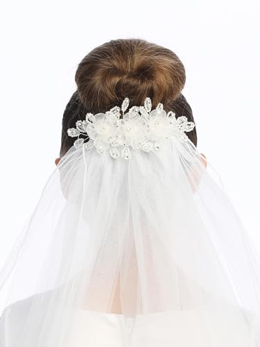 Swea Pea & Lilli Girls First Communion Veil - White Holy 1st Communion Headpiece with Comb, Organza Flowers with Rhinestone, Pearls, and Crystals2