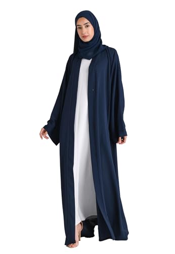 Rahma Stylish Premium Nida Fabric Abaya Open Front with Wide Sleeves and headscarf for women and young girls (NAVY BLUE 2X LARGE)