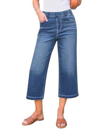 GRAPENT Capri Jeans for Women Wide Leg High Waisted Effortless Flow Pull On Stretchy Denim Elastic Waist Pants with Pockets